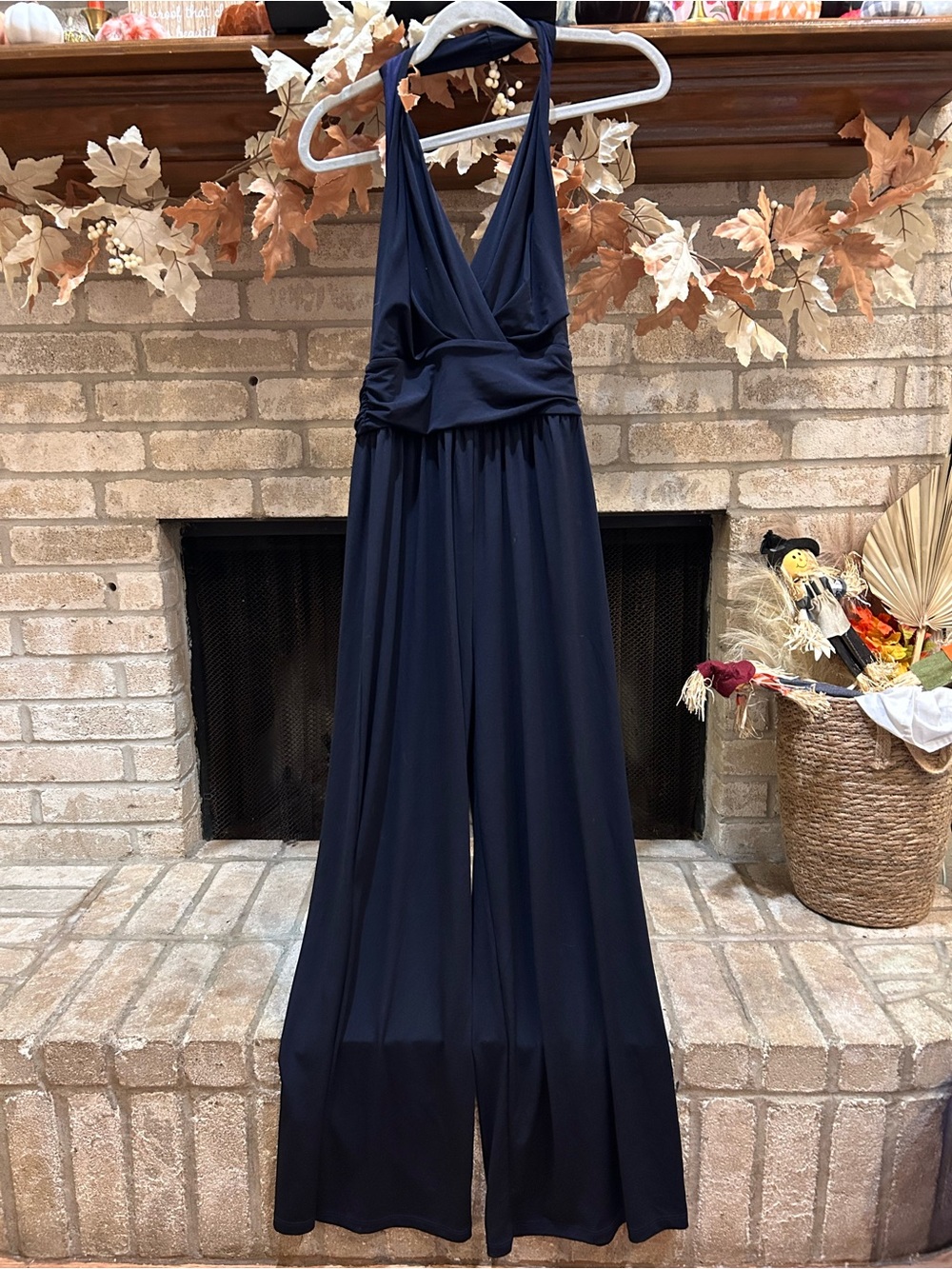 Deep V Halter Wide-Leg Jumpsuit in Navy EUC